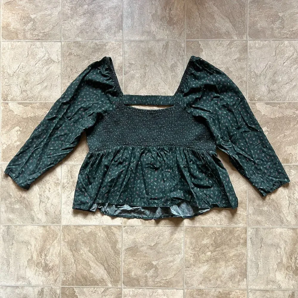 Old Navy Smocked Babydoll Top Size 3X Dark Green Floral Cottagecore Boho Peasant